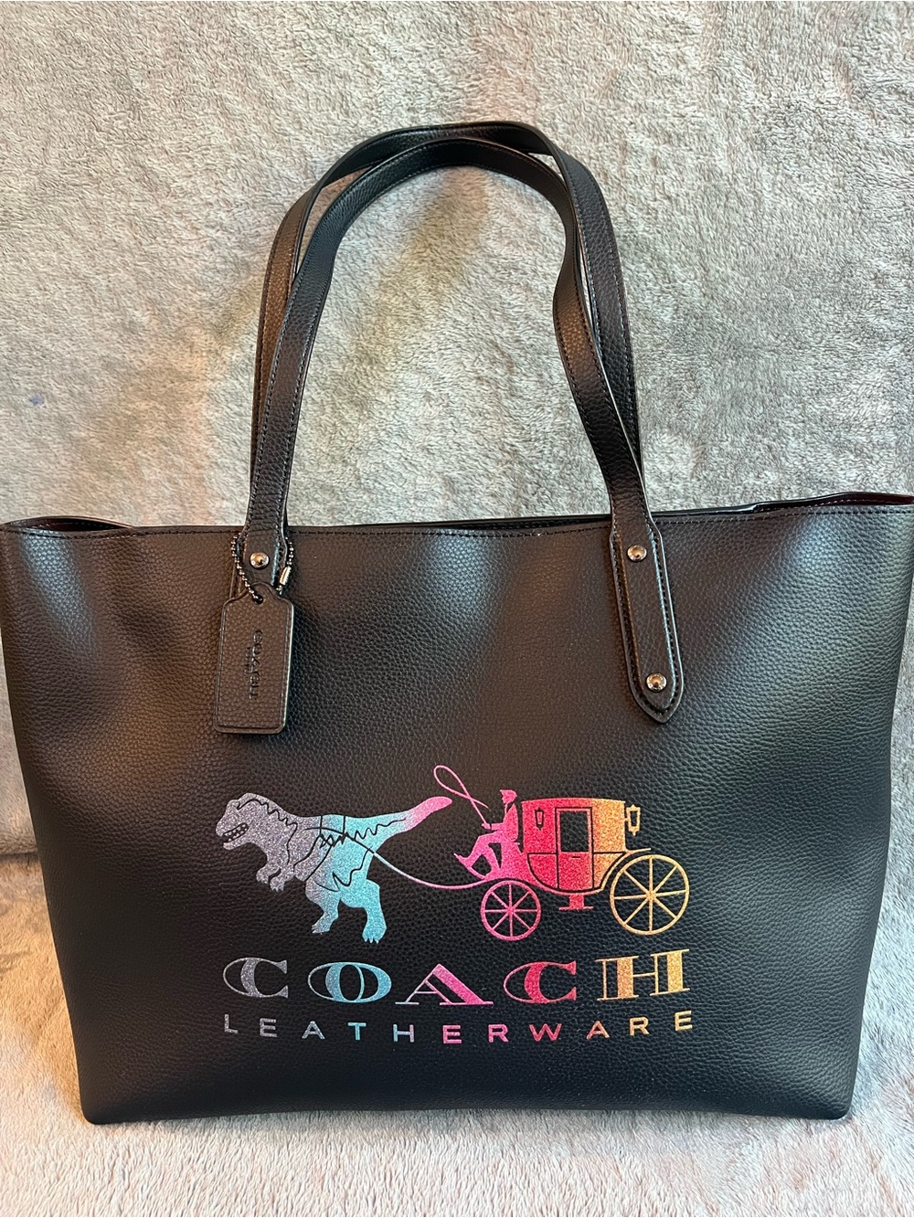 Coach Black Leather Tote with Multicolor Rainbow Coach Logo